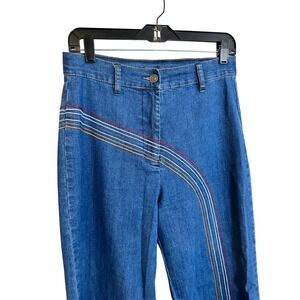 ModCloth High Waisted Wide Leg Jeans Size 12 Medium Wash Rainbow Embroidered